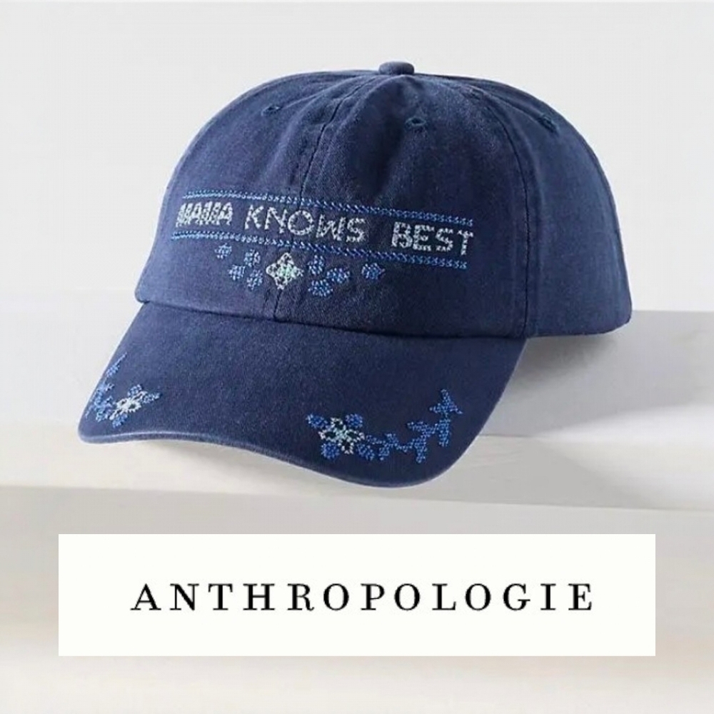 Anthropologie Navy Blue Embroidered 'Mama Knows Best' Baseball Cap NWT